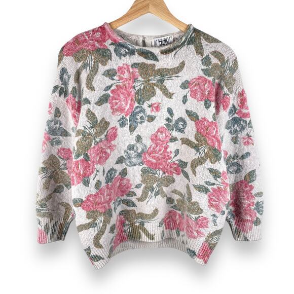 Vintage Sweaters - 80s Vintage Sweater Womens M Floral Silk Angora Blend Fuzzy Knit Boxy Coquette